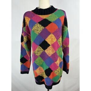 Vintage Multicolor Argyle Chunky Retro Ramie Oversized Funky Sweater
